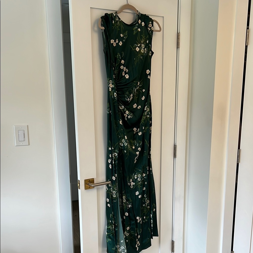 Reformation green silk floral long dress.